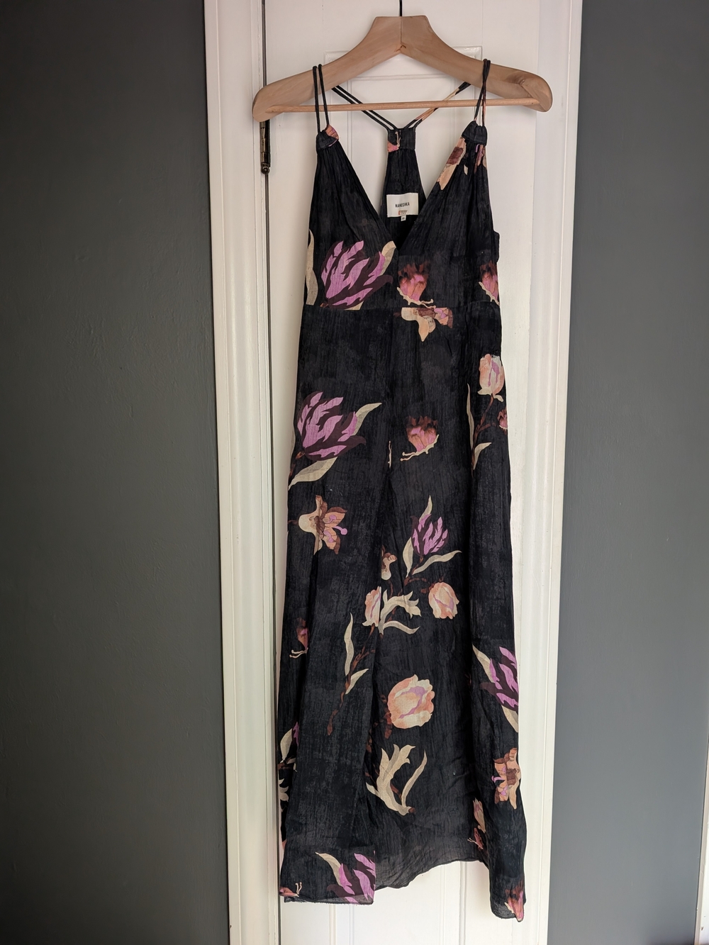 Nanushka Black Maxi Slip Dress with Pink and Cream Florals